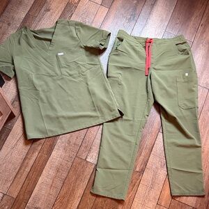 Figs Olive Green Scrub Set with Red Drawstring